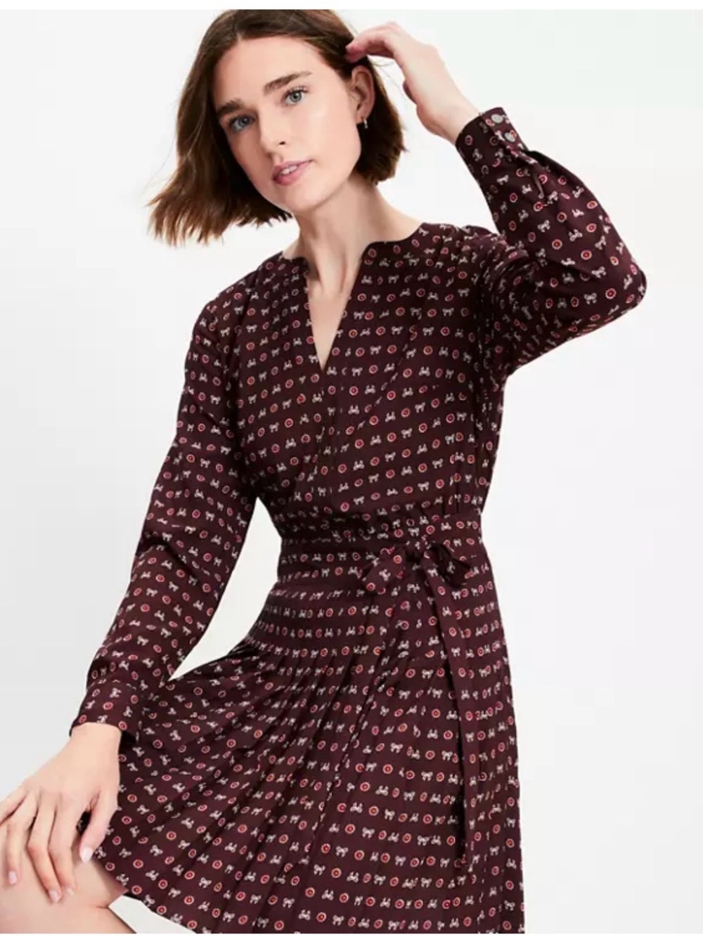 LOFT Burgundy Printed Long-Sleeve Tie-Waist Dress